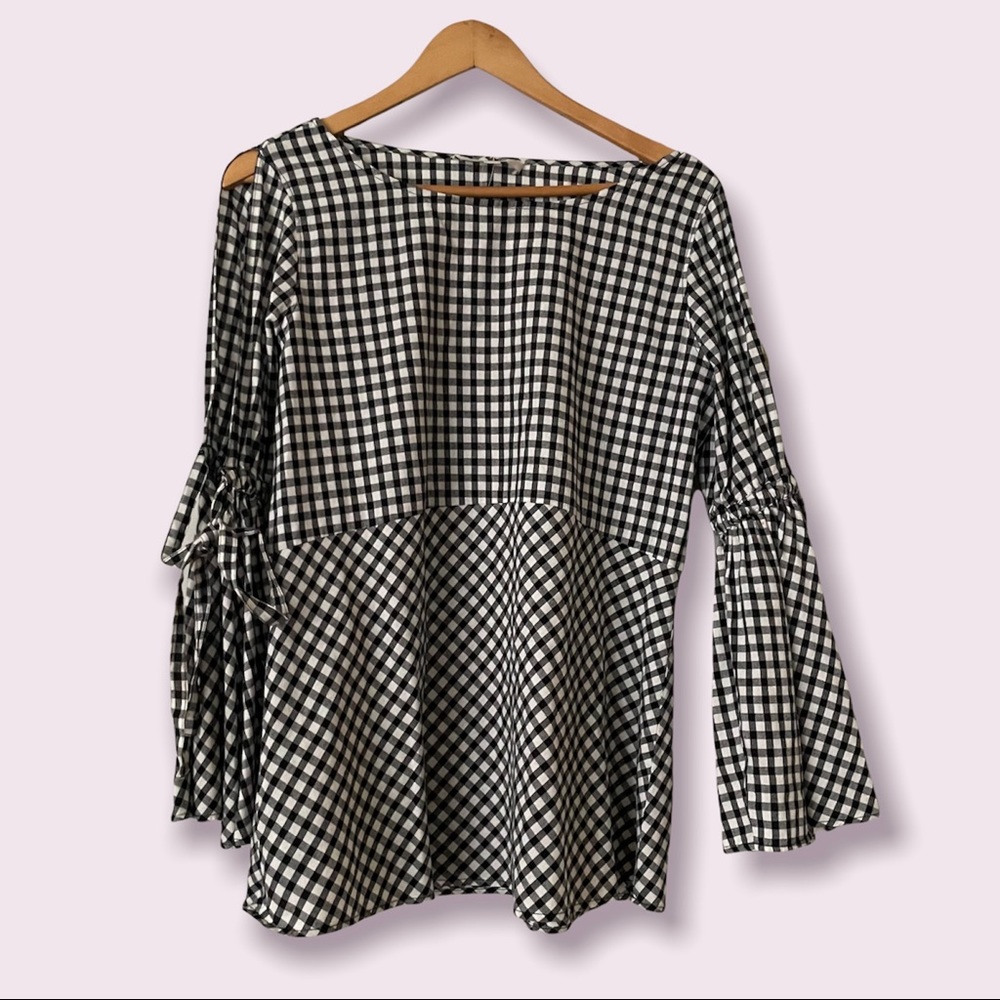 Ann Taylor LOFT Women's Gingham Check Bell Tie-Sleeve Blouse